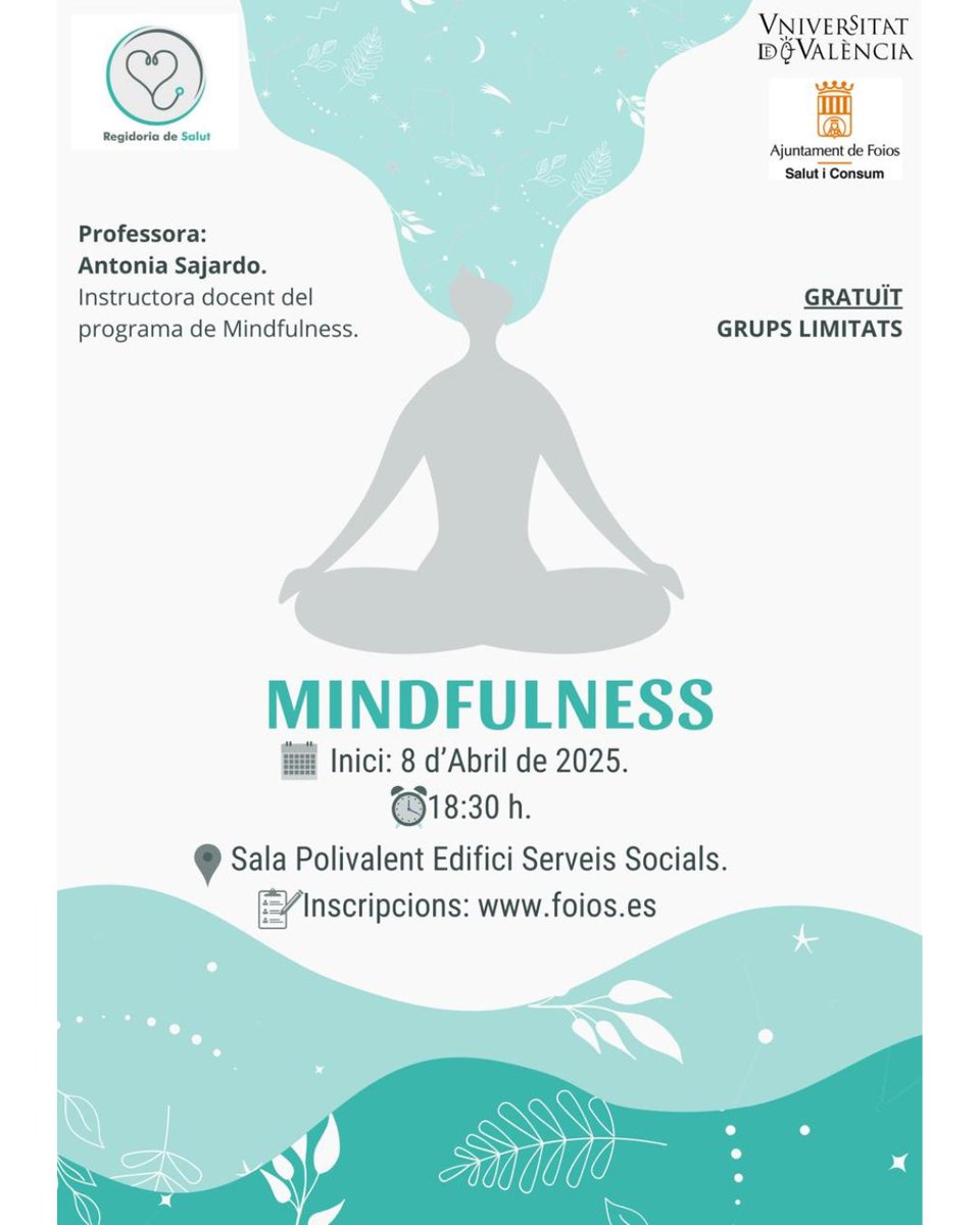 🧘‍♀️ LA REGIDORIA DE SALUT INFORMA 🧘‍♂️

🧠 Nova edició del taller de Mindfulness, impartit per Antonia Sajardo, instructora de la Universitat de València.

👉 Inscripcions obertes:
docs.google.com/forms/d/e/1FAI…