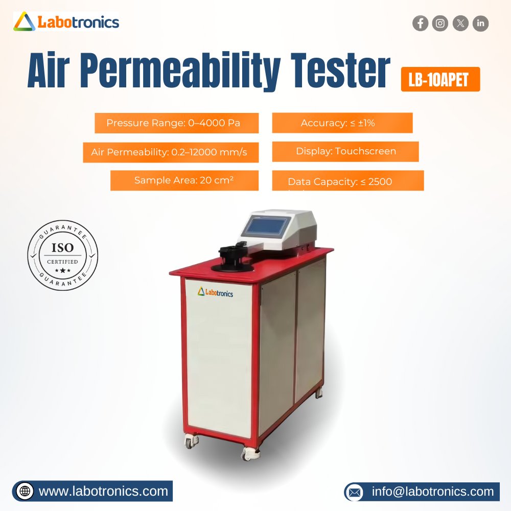 Labotronics's tweet image. &quot;Achieve precise and reliable airflow testing with the Air Permeability Tester

* Automatic orifice replacement
* High-speed embedded processor

labotronics.com/air-permeabili…

#Labotronics #AirPermeabilityTester #PrecisionTesting #MaterialTesting #QualityControl #TextileTesting