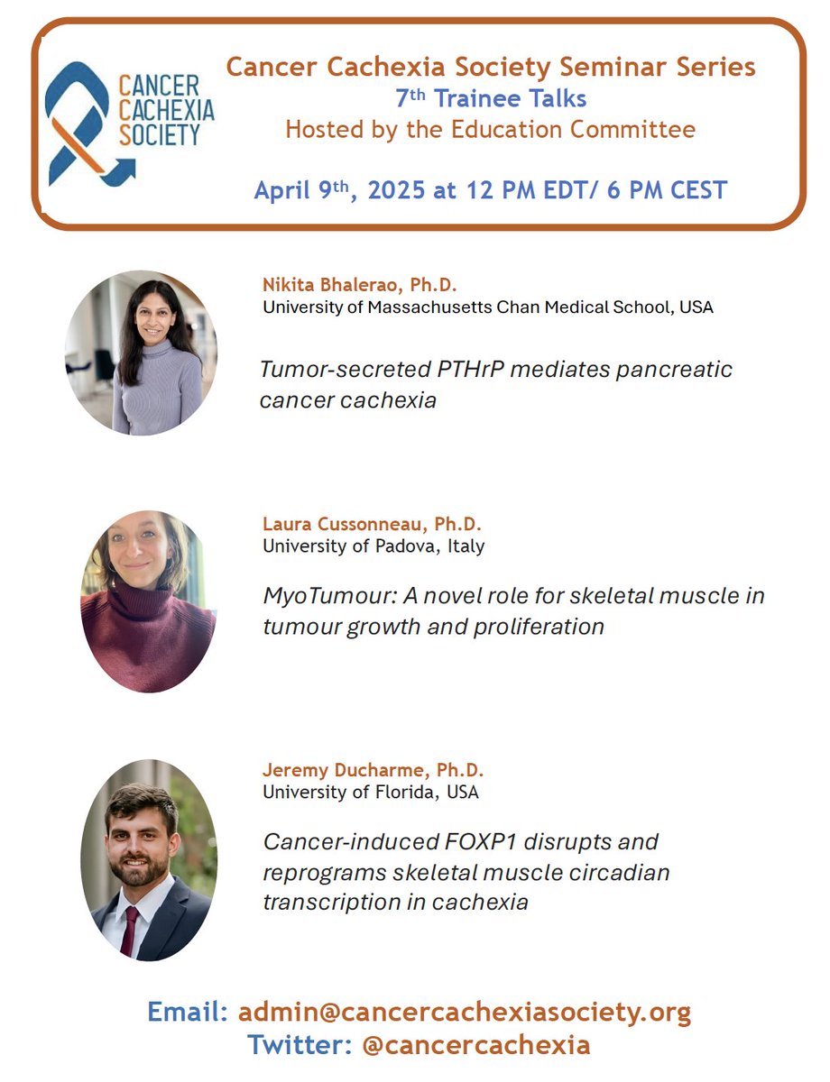 Cancer Cachexia Society (@cancercachexia) on Twitter photo The Education Committee of the <a href="/CancerCachexia/">Cancer Cachexia Society</a> Society invites you to our Trainee Talks on April 9 at 12:00 pm EDT. Seminars are open to everyone, please share!
See cancercachexiasociety.org for link. The Education Committee of the <a href="/CancerCachexia/">Cancer Cachexia Society</a> Society invites you to our Trainee Talks on April 9 at 12:00 pm EDT. Seminars are open to everyone, please share!
See cancercachexiasociety.org for link.