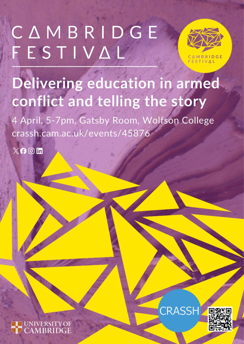 💫 Cambridge Festival
Delivering education in armed conflict and telling the story

👨‍👩‍👦 Adults
🗓️ 4 April 5-7pm
📍 CB3 9BB
🎟️ bit.ly/4ktkGxX

A screening of the BBC Panorama Special 'Saving Syria’s Children' and a Q&amp;A with filmmaker Darren Conway and others in the film
