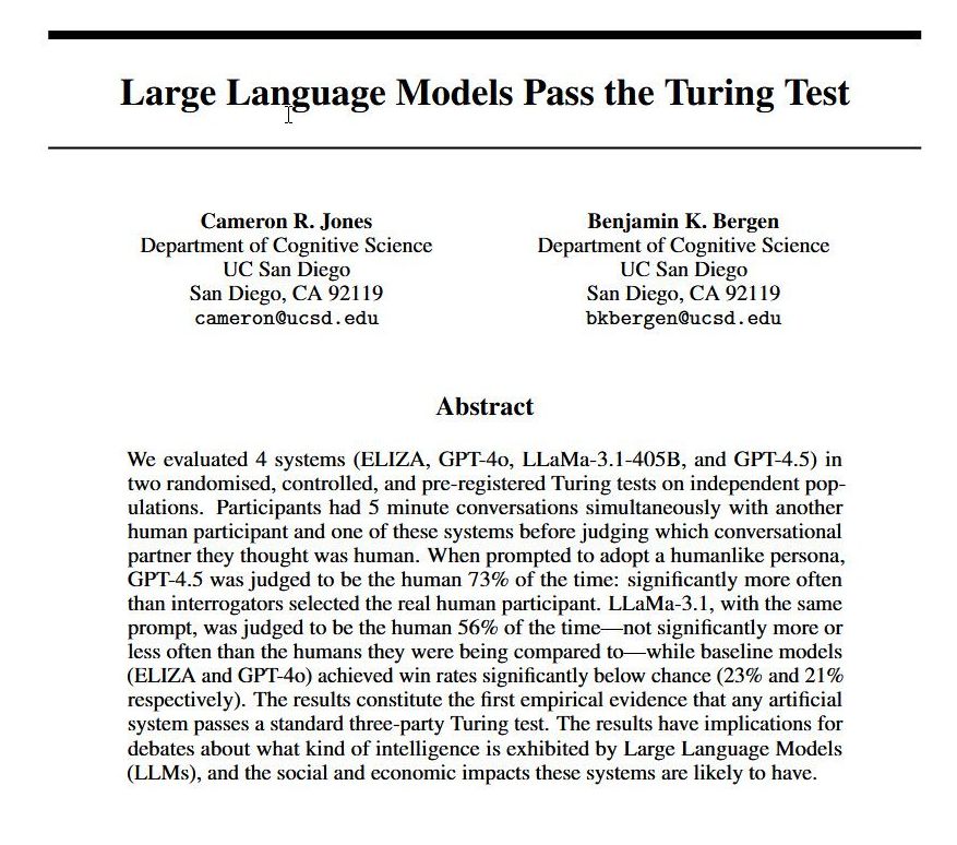 GPT-4.5 Passes Turing Test with Persona: AI Conversational Abilities Reach New Heights aibase.com/news/www.aibas…