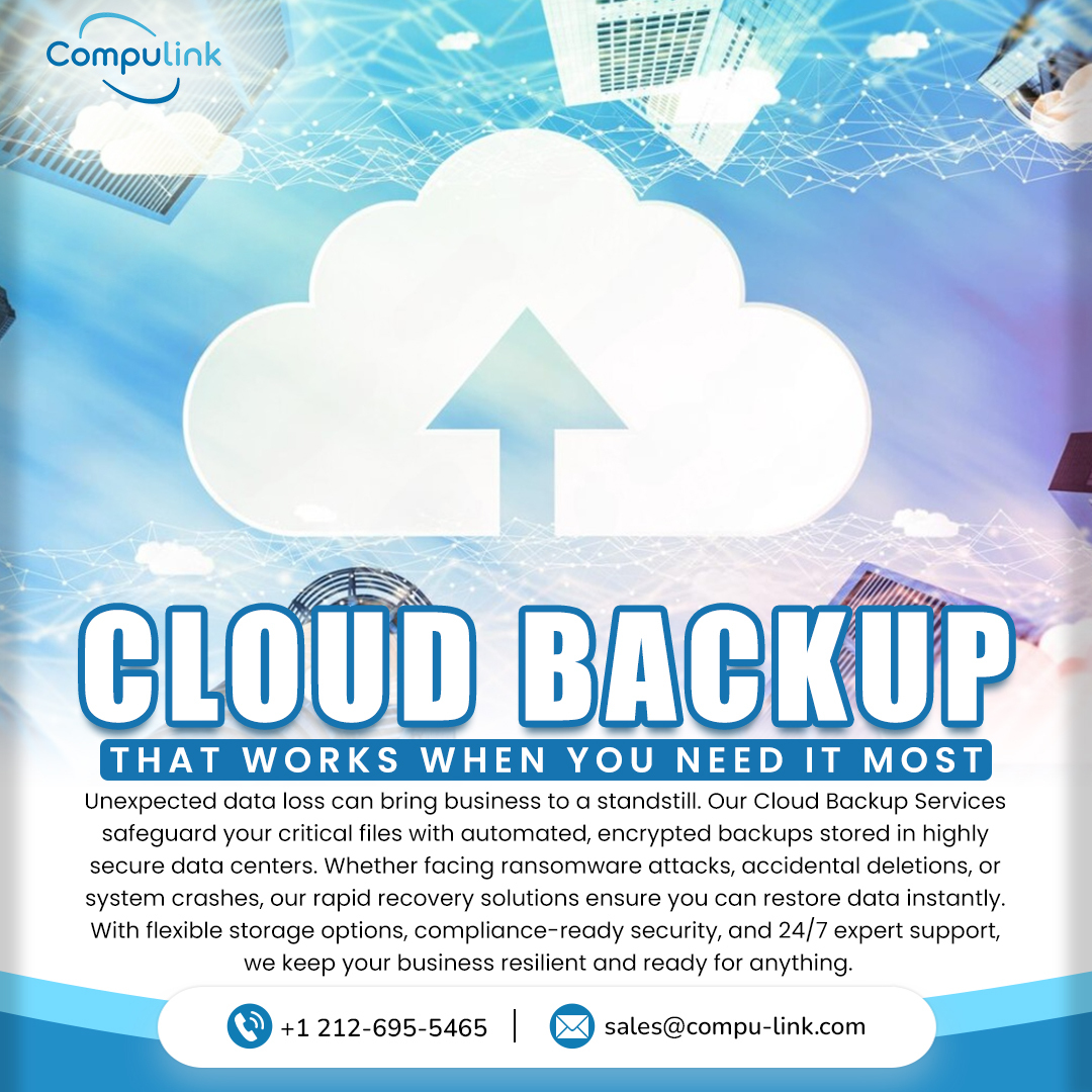 CompulinkTech's tweet image. Your business data deserves top-notch protection! Our cloud backup solutions ensure automatic, encrypted, and secure storage, protecting you from ransomware, data loss, and system crashes. 
.
📩 sales@compu-link.com
📞  +1 212-695-5465
.
#Compulink #CloudBackup #DataProtection