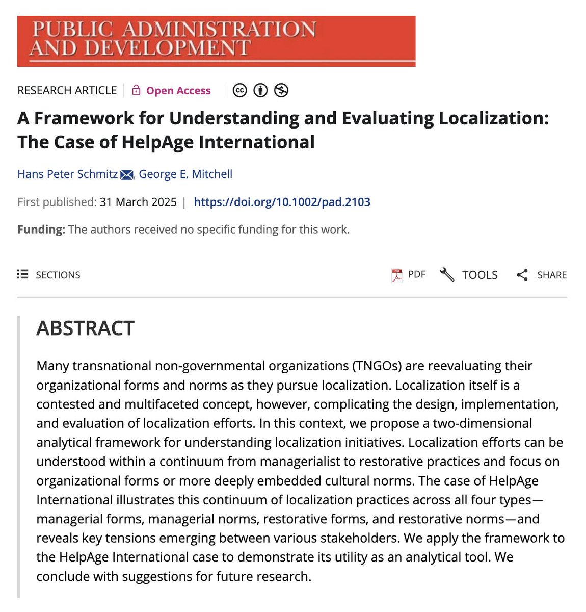 Public Admìnistration and Development (@journal_pad) on Twitter photo ♨️ Hot off the press!
.
Hans Peter Schmitz & George Mitchell propose a framework to examine localization from different initiatives and perspectives using the case of <a href="/HelpAge/">HelpAge International</a> .
🔗onlinelibrary.wiley.com/doi/full/10.10…
<a href="/ASPANational/">ASPA National</a> ♨️ Hot off the press!
.
Hans Peter Schmitz & George Mitchell propose a framework to examine localization from different initiatives and perspectives using the case of <a href="/HelpAge/">HelpAge International</a> .
🔗onlinelibrary.wiley.com/doi/full/10.10…
<a href="/ASPANational/">ASPA National</a>