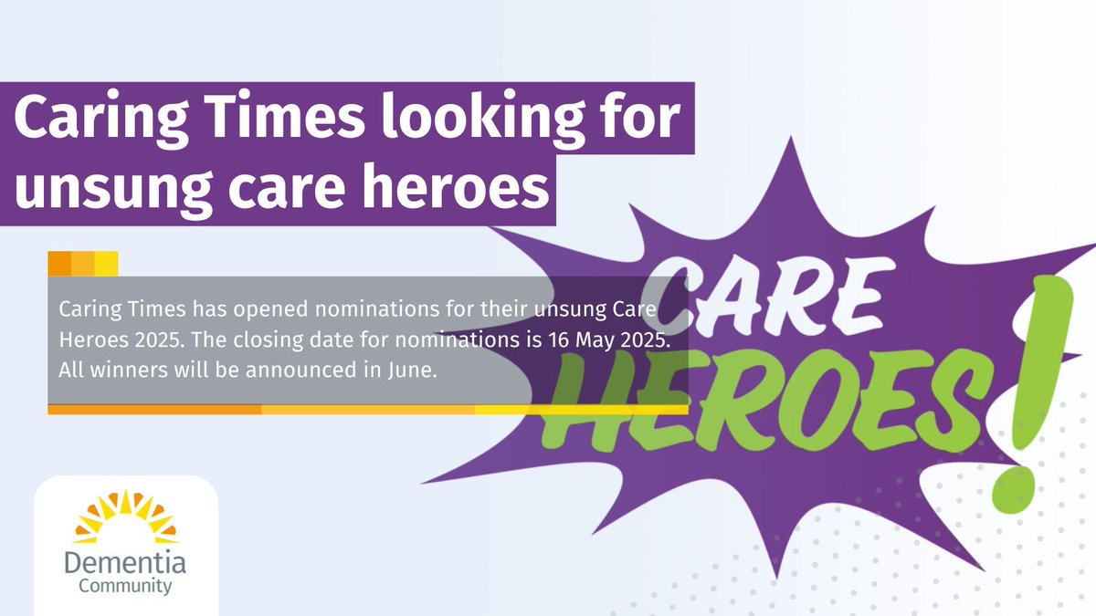 Dementia Community (@jdementiacare) on Twitter photo Caring Times (<a href="/Caring_Times/">Caring Times</a>) has opened nominations for their unsung Care Heroes 2025.Ā
The closing date for nominations is 16 May 2025. All winners will be announced in June.Ā
Read More: buff.ly/iLPoTgD Caring Times (<a href="/Caring_Times/">Caring Times</a>) has opened nominations for their unsung Care Heroes 2025.Ā
The closing date for nominations is 16 May 2025. All winners will be announced in June.Ā
Read More: buff.ly/iLPoTgD