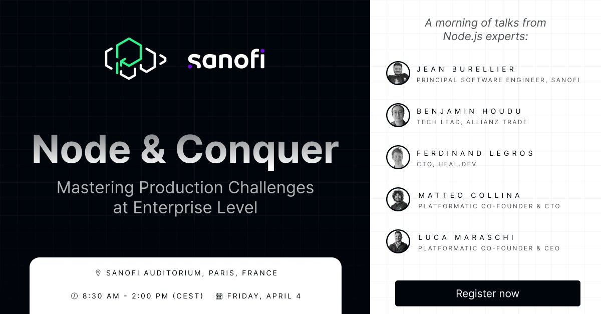 Platformatic (@platformatic) on Twitter photo Plus que 2 jours avant notre mini-conférence gratuite sur Node.js à Paris, le 4 avril!
☕ Petit-déjeuner & déjeuner offerts
📍 Lieu : Auditorium <a href="/SanofiFR/">Sanofi en France</a>, Paris
🔗Inscription (gratuite): lu.ma/node-and-conqu…
#nodejsparis Plus que 2 jours avant notre mini-conférence gratuite sur Node.js à Paris, le 4 avril!
☕ Petit-déjeuner & déjeuner offerts
📍 Lieu : Auditorium <a href="/SanofiFR/">Sanofi en France</a>, Paris
🔗Inscription (gratuite): lu.ma/node-and-conqu…
#nodejsparis
