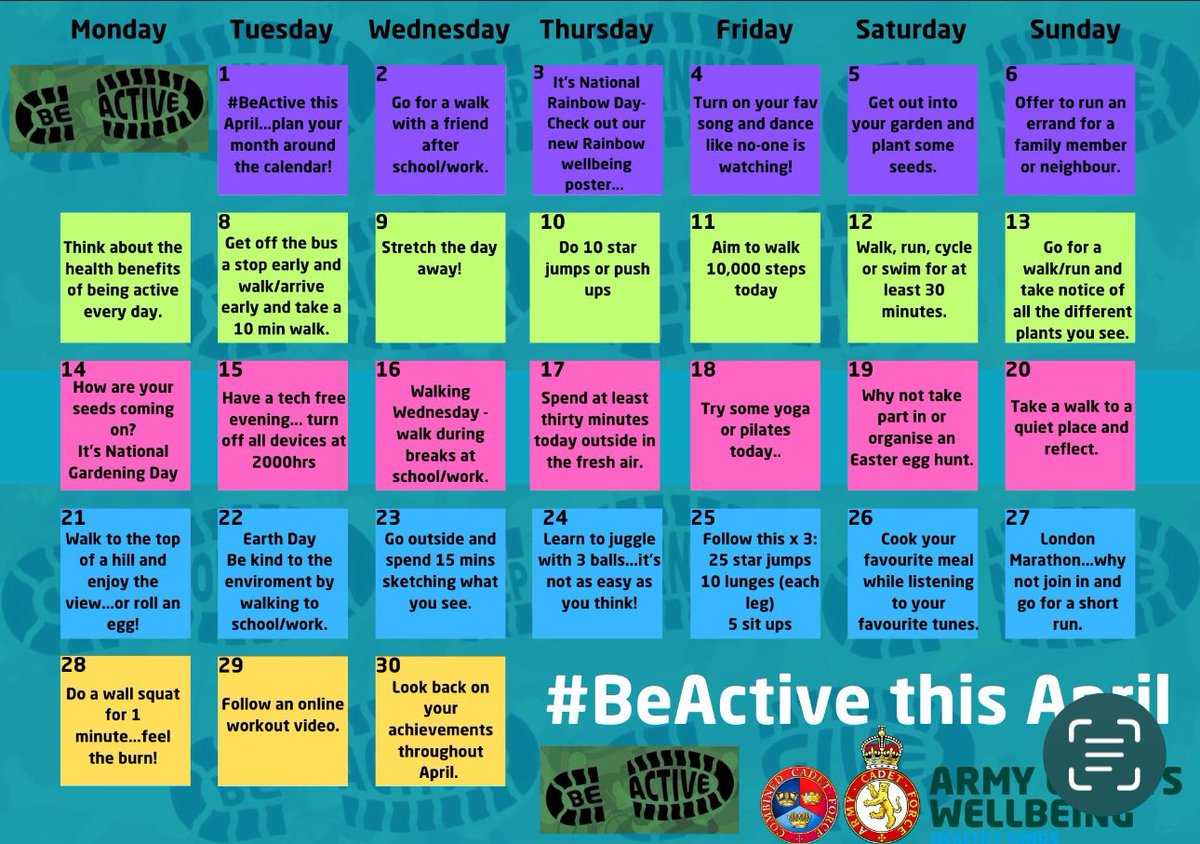 Army Cadets Healthy Minds (@cfhealthyminds) on Twitter photo #BEACTIVETHISAPRIL with our April Wellbeing Calendar - give it a go <a href="/WendaHMLead/">💛Healthy Minds National Lead 💛</a> <a href="/cf_hmindsni/">❤🌈 38X Army Cadets Healthy Minds NI</a> <a href="/ArmyCadetsHoW/">Army Cadets Head of Wellbeing</a> <a href="/AC_INCLUSION/">Army Cadets - Lead D&I Advisor</a> <a href="/ArmyCadetsUK/">Army Cadets UK</a> <a href="/CFHMLD/">@cf_hmindsLondist</a> <a href="/cf_hmindsni/">❤🌈 38X Army Cadets Healthy Minds NI</a> #BEACTIVETHISAPRIL with our April Wellbeing Calendar - give it a go <a href="/WendaHMLead/">💛Healthy Minds National Lead 💛</a> <a href="/cf_hmindsni/">❤🌈 38X Army Cadets Healthy Minds NI</a> <a href="/ArmyCadetsHoW/">Army Cadets Head of Wellbeing</a> <a href="/AC_INCLUSION/">Army Cadets - Lead D&I Advisor</a> <a href="/ArmyCadetsUK/">Army Cadets UK</a> <a href="/CFHMLD/">@cf_hmindsLondist</a> <a href="/cf_hmindsni/">❤🌈 38X Army Cadets Healthy Minds NI</a>