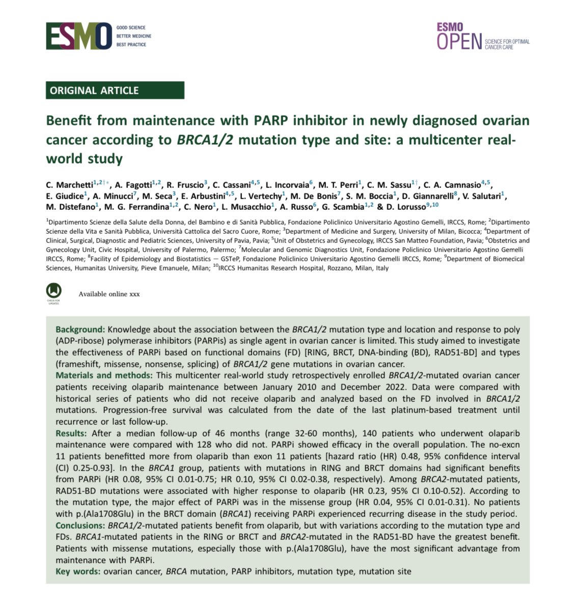 Benefit of olaparib maintenance in 140 patients with ovarian cancer, by BRCA mutation type and site. BRCA1-mutated patients in the RING or BRCT and BRCA2-mutated in the RAD51-BD appear to have the greatest benefit from adjuvant olaparib. #OpenAccess 
esmoopen.com/article/S2059-…