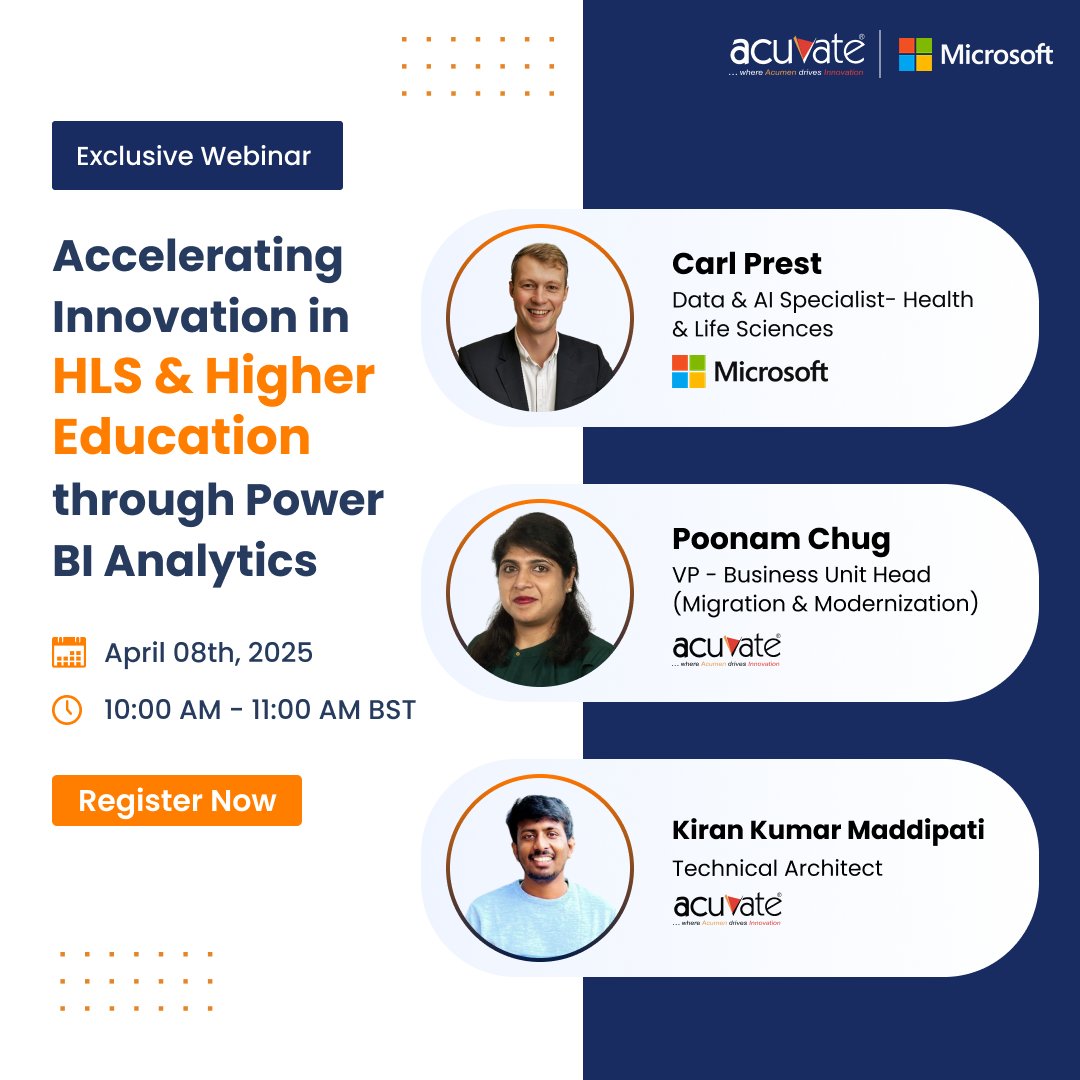 Acuvate's tweet image. Join Microsoft &amp;amp; Acuvate for an exclusive webinar tailored for the Healthcare, Life Sciences &amp;amp; Higher Education sectors in the UK.

👉 Register now 
hubs.li/Q03fwcDQ0

#PowerBI #TableauMigration #HealthcareAnalytics #HigherEd #DigitalTransformation #Microsoft #Acuvate