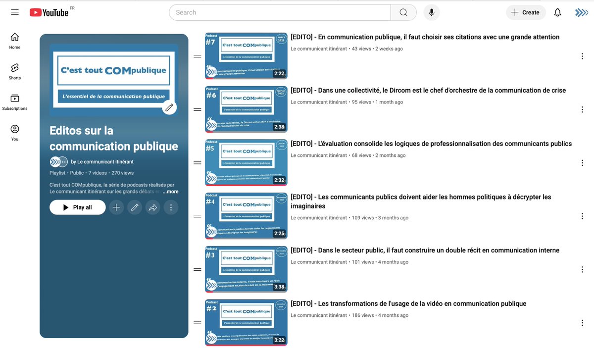 AgenceLeCI's tweet image. 🎧#PODCAST - "C'est tout COMpublique", ce sont des éditos de 2 minutes

PODCASTS -&amp;gt; youtube.com/playlist?list=…

Sujets déjà traités :
-Dircom en #comCrise
-récit en #comInterne
-évaluation des actions de #compublique
-rôle des citations
-décryptage des imaginaires
-usage de la vidéo