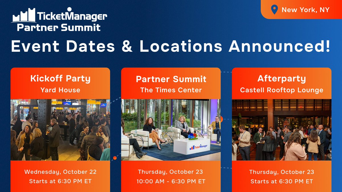 TicketManager's tweet image. The premier sports + live events strategy summit is back.

#TicketManager Partner Summit 2025:
🎯 Kickoff – Oct 22  | Yard House
🎯 Summit – Oct 23  | The Times Center
🎯 Afterparty – Oct 23  | Castell Rooftop Lounge

Big ideas. Bigger energy.

🔗Join Us: ticketmanager.com/ticketmanager-…