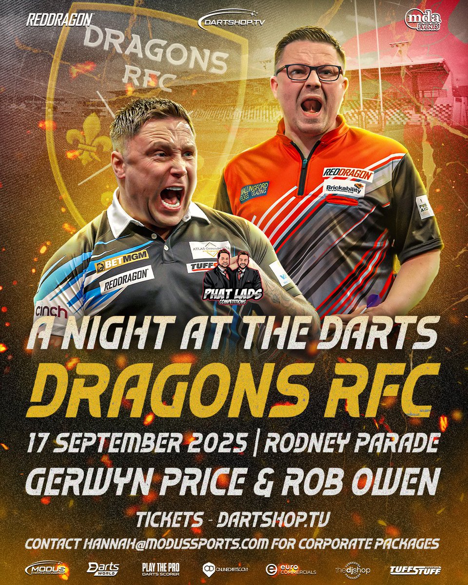 MODUS Sports (@modusdarts180) on Twitter photo 🏴DON'T MISS THE BATTLE OF WALES IN SEPTEMBER!
Gerwyn Price and Rob Owen lock horns at Rodney Parade, home of Dragons RFC, and you can be there to see a top night of tungsten in Wales.
🎟Tickets:
dartshop.tv/products/a-nig…
<a href="/dragonsrfc/">Dragons RFC 🐉</a>
<a href="/Gezzyprice/">Gerwyn Price</a>
<a href="/stackattack84/">Rob Owen</a> 🏴DON'T MISS THE BATTLE OF WALES IN SEPTEMBER!
Gerwyn Price and Rob Owen lock horns at Rodney Parade, home of Dragons RFC, and you can be there to see a top night of tungsten in Wales.
🎟Tickets:
dartshop.tv/products/a-nig…
<a href="/dragonsrfc/">Dragons RFC 🐉</a>
<a href="/Gezzyprice/">Gerwyn Price</a>
<a href="/stackattack84/">Rob Owen</a>