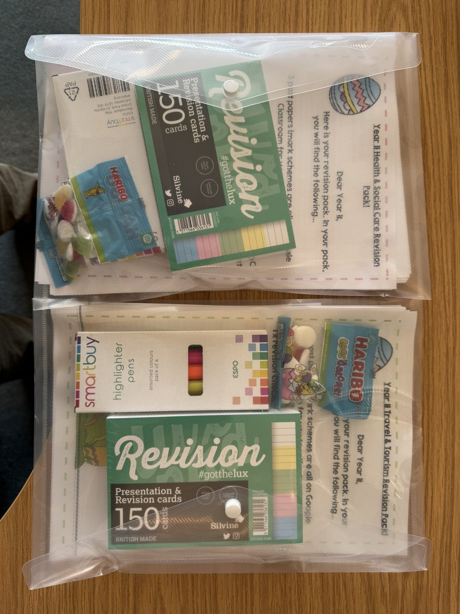 TravelTeach31's tweet photo. Year 11 are all set for their Easter with their own Easter revision packs. Each one contains flash cards, highlighters, past papers, KOs and checklists to help them stay on top of their revision! #btectechaward #btecteacher #travelandtourism #healthandsocialcare https://t.co/pzaVkkBXpx