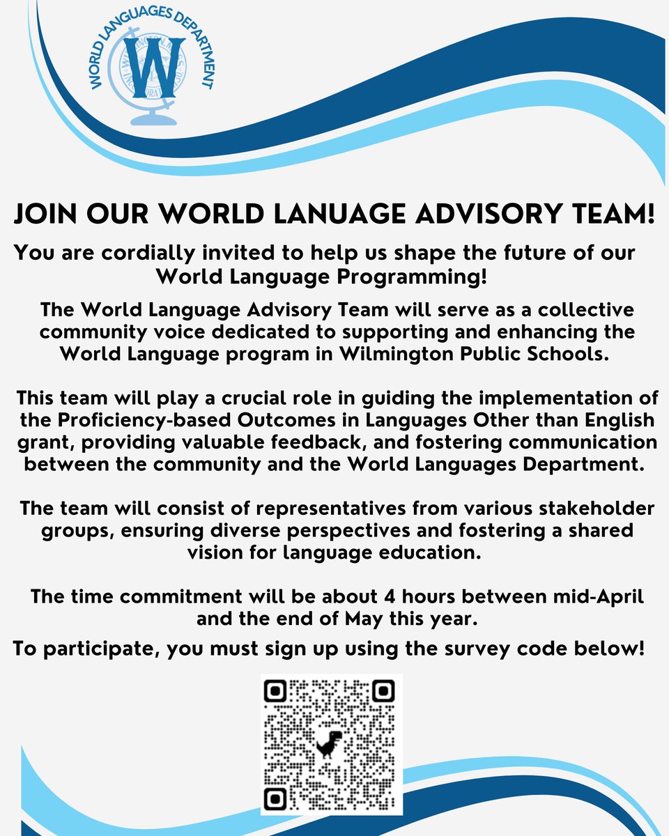 We are looking for a variety of community members to join us to share your voices and feedback around our World Language program as a part of our exciting DESE Grant! 

Read about this Advisory team below .Please, review and fill out by April 8, 2025. 
wilmingtonwl.blogspot.com/2025/03/join-o…