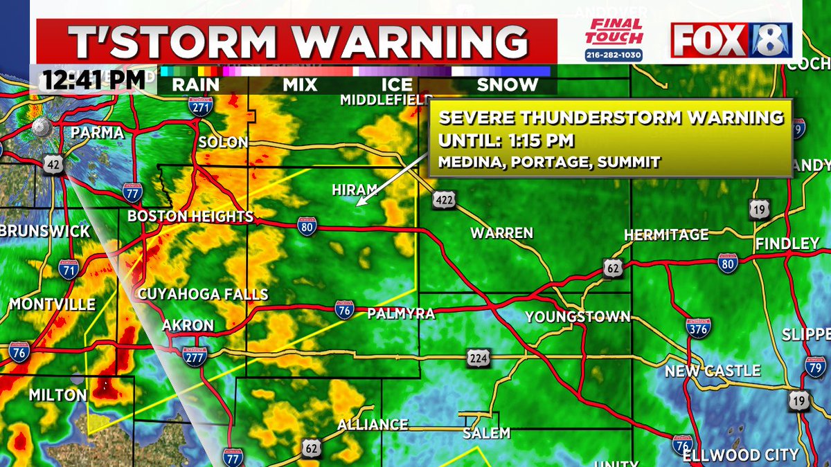 SEVERE THUNDERSTORM WARNING
for most of Summit County into Portage County until 1:15PM (4/2)
-Quarter size hail
<a href="/fox8news/">fox8news</a>