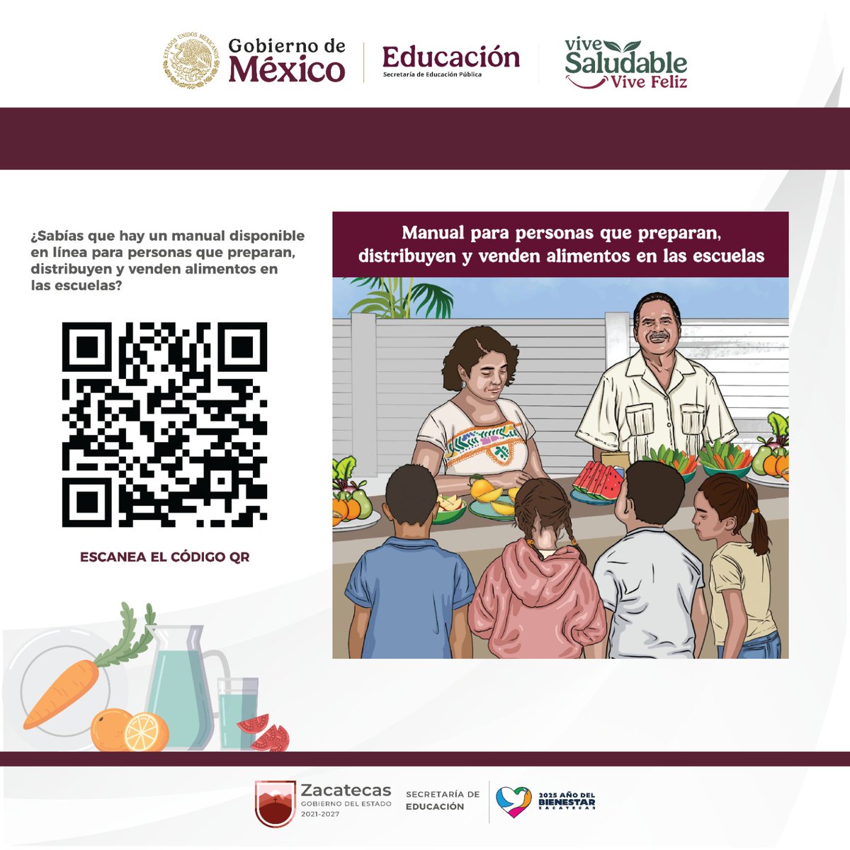 Para que las madres y padres de famila, docentes, directivos y comerciantes conozcan más sobre la medida de vida saludable en las escuelas, los invitamos a descarga el "Manual para personas que preparan, distribuyen y venden alimentos en las escuelas" vidasaludable.gob.mx