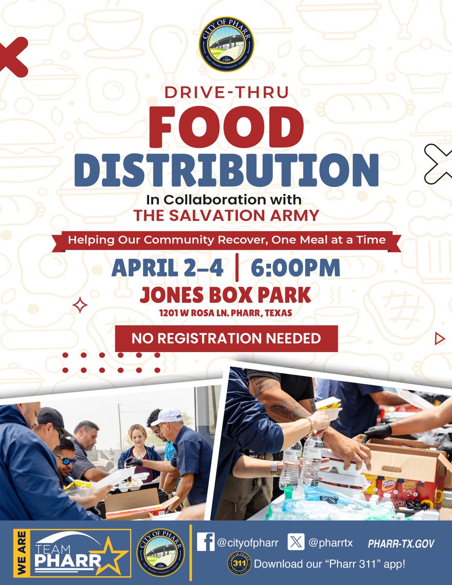 City of Pharr (@pharrtx) on Twitter photo Drive-Thru Food Distribution Starting Today!
Join us April 2-4 at 6:00 PM at Jones Box Park (1201 W Rosa Ln, Pharr, TX) for a FREE food distribution event in collaboration with The Salvation Army. Spread the word and stop by!
✅ No registration is needed!
✅ While supplies last Drive-Thru Food Distribution Starting Today!
Join us April 2-4 at 6:00 PM at Jones Box Park (1201 W Rosa Ln, Pharr, TX) for a FREE food distribution event in collaboration with The Salvation Army. Spread the word and stop by!
✅ No registration is needed!
✅ While supplies last