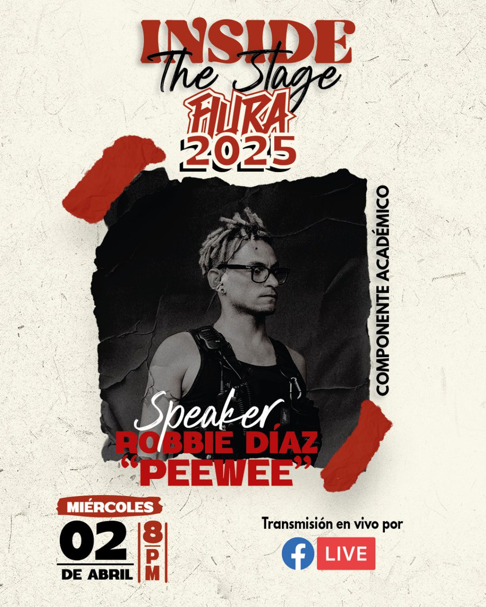 ¡Llega el 2do componente académico de #FIURA2025! 🎶

🔥 Descubre el detrás de escena de un gran show con Robbie Díaz "Peewee".

Conferencia: Inside the Stage. 
02 abril, 8pm. 
Transmisión en vivo por Facebook Live. 
#músicaalternativa #InsideTheStage