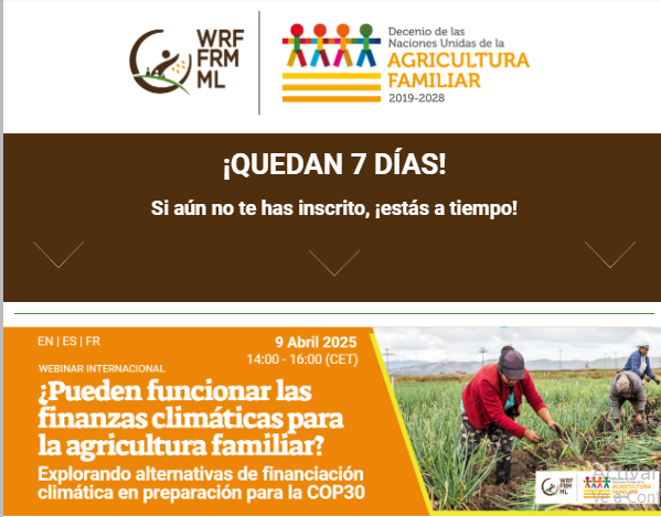 Participa del WEBINAR INTERNACIONAL

¿Pueden funcionar las finanzas climáticas para la agricultura familiar?

Explorando alternativas de financiación climática en preparación para la COP30
docs.google.com/forms/d/e/1FAI…