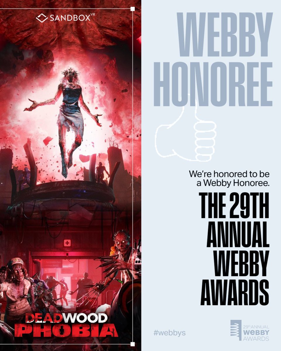 Sandbox VR (@sandboxvr) on Twitter photo We’ve been nominated for <a href="/TheWebbyAwards/">The Webby Awards</a>! 🏆 Last year, Squid Game Virtuals won “Best VR Headset Experience” thanks to your votes, and now Deadwood PHOBIA is nominated in the same category. Please consider supporting us by voting before April 17th. 🙏
vote.webbyawards.com/PublicVoting#/… We’ve been nominated for <a href="/TheWebbyAwards/">The Webby Awards</a>! 🏆 Last year, Squid Game Virtuals won “Best VR Headset Experience” thanks to your votes, and now Deadwood PHOBIA is nominated in the same category. Please consider supporting us by voting before April 17th. 🙏
vote.webbyawards.com/PublicVoting#/…