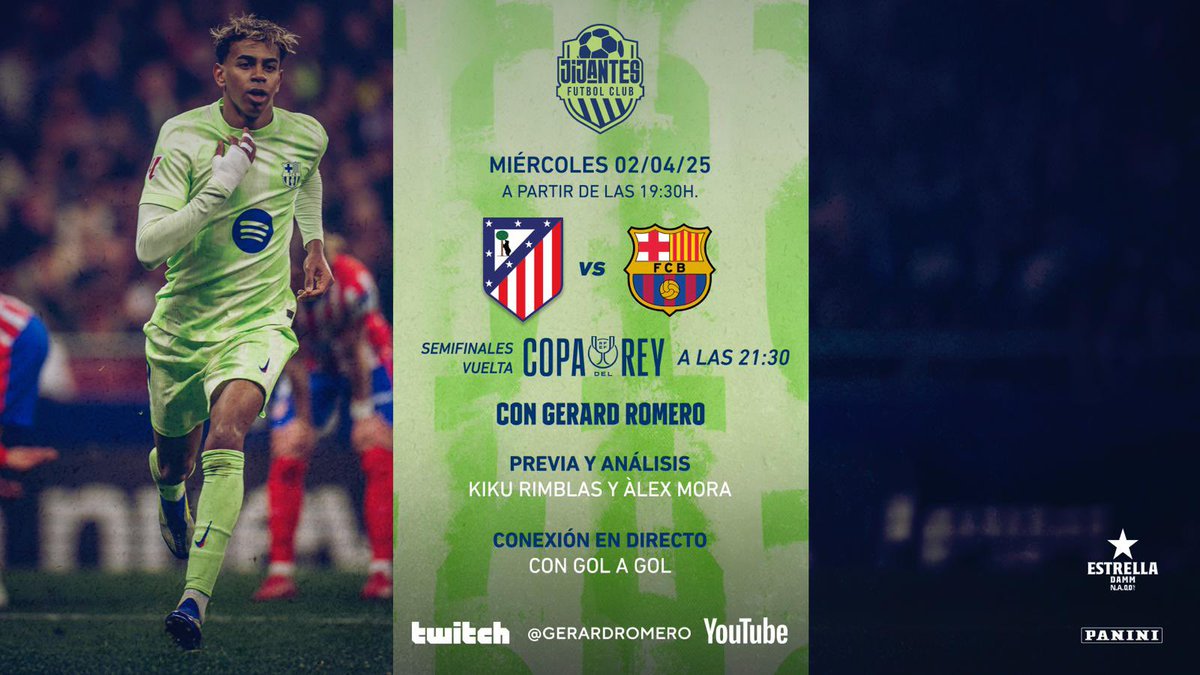 Jijantes FC (@jijantesfc) on Twitter photo 🚨 A PARTIR DE LAS 19:30h... 👀
🎙️ La semifinal de vuelta (4-4) de la Copa del Rey con la narración de <a href="/gerardromero/">Gerard Romero</a>
🏟️ Con <a href="/monfortcarlos/">Carlos Monfort</a> y <a href="/paurochee/">Pau Roche🎙</a> desde el Metropolitano
🕵🏻♂️ La previa y el análisis con <a href="/KikuRimblas/">Kiku Rimblas</a> y <a href="/Alex33Mora/">Alex Mora</a> 🚨 A PARTIR DE LAS 19:30h... 👀
🎙️ La semifinal de vuelta (4-4) de la Copa del Rey con la narración de <a href="/gerardromero/">Gerard Romero</a>
🏟️ Con <a href="/monfortcarlos/">Carlos Monfort</a> y <a href="/paurochee/">Pau Roche🎙</a> desde el Metropolitano
🕵🏻♂️ La previa y el análisis con <a href="/KikuRimblas/">Kiku Rimblas</a> y <a href="/Alex33Mora/">Alex Mora</a>