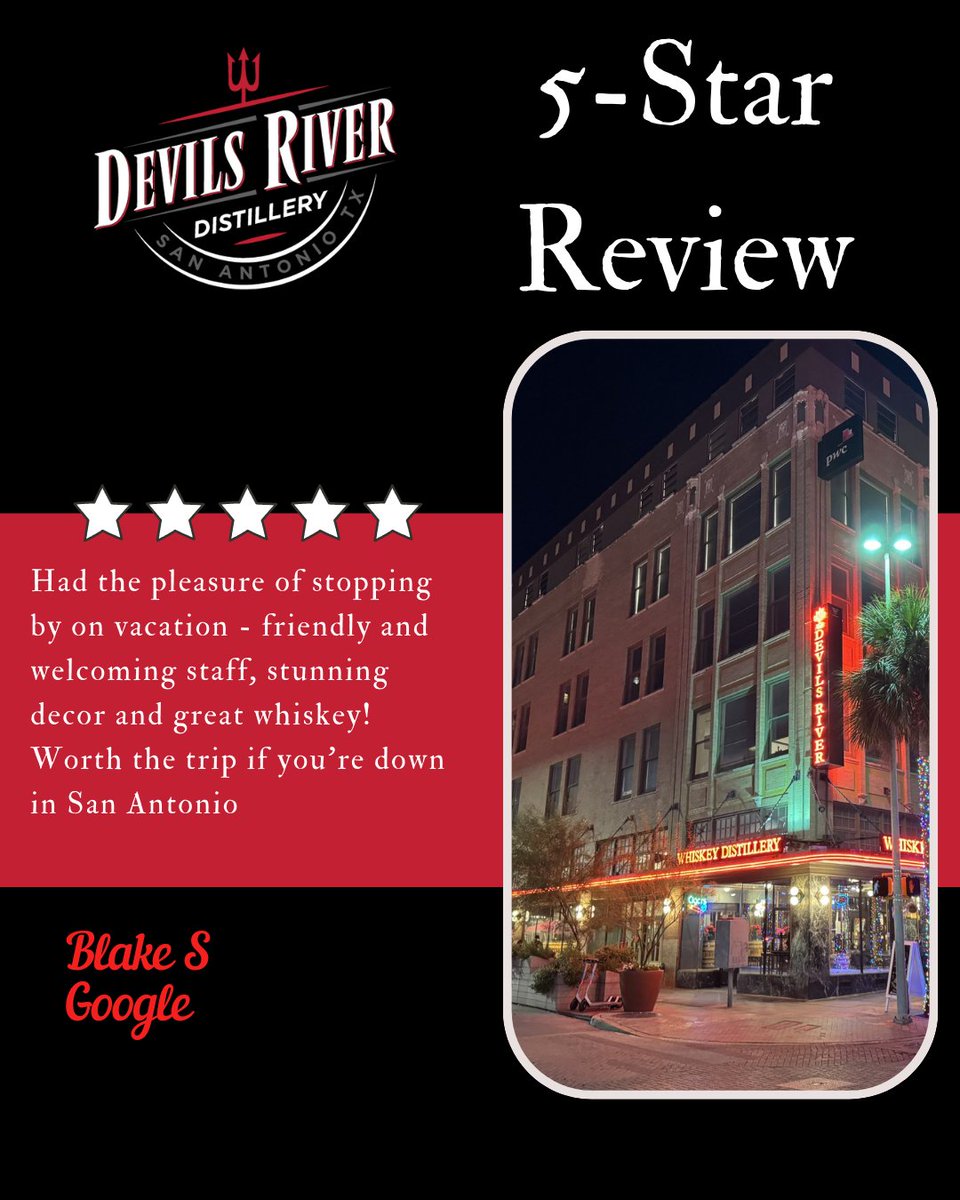 Five stars, one unforgettable experience! ⭐️⭐️⭐️⭐️⭐️ Cheers to our amazing guests for the love! 🥃 Oh, and in response to slide 2, we are rumored to be haunted 👻
 #TopShelfMoments #FiveStarSips #DevilsRiverWhiskey #TexasDistillery #downtownsanantonio