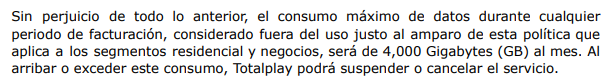 quechuchas's tweet photo. @Davaluxor En los términos y condiciones en la página de Total Play, en la sección de la política de uso justo, dice que son 4000 GB al mes. https://t.co/b6V2LgzYBl