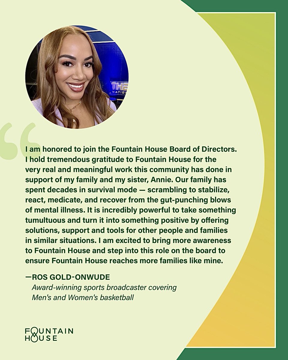 ROSGO21's tweet image. I am honored to join the @FountainHouse Board of Directors! My passion for mental health is inspired by my little sister Annie & her journey. Together we co-founded a mental health initiative called “Sharing The WELLth” focusing on careers & wellness strategies for people living…