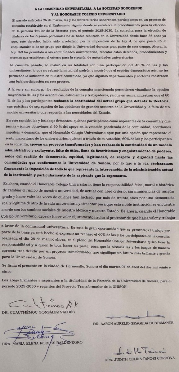 📢🎓 HILO: #Unison en un momento clave para su futuro
1/ 🔥 La comunidad universitaria votó por el cambio: En la consulta para la Rectoría de la Universidad de #Sonora, el 60 % del respaldo fue para aspirantes que impulsan un proyecto transformador. ¿Qué sigue? 🧵👇
CCP: <a href="/cuau/">Cuauhtémoc González</a>