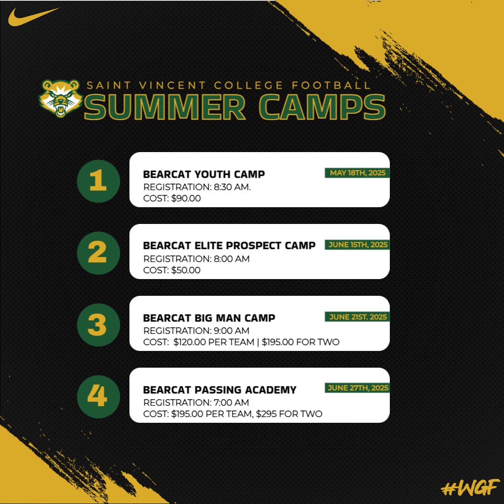 Saint Vincent College Football (@svc_ftbl) on Twitter photo ๐๏ธ Going Campin'! ๐๐พ
Lots of action this summer with Saint Vincent College Football! Don't miss your chance to train with usโreserve your spot now! โฌ๏ธ
๐น Bearcat Youth Camp: eventsquid.com/event/27883
๐น Bearcat Elite Prospect Camp: eventsquid.com/event/27981
๐น Bearcat Big Man ๐๏ธ Going Campin'! ๐๐พ
Lots of action this summer with Saint Vincent College Football! Don't miss your chance to train with usโreserve your spot now! โฌ๏ธ
๐น Bearcat Youth Camp: eventsquid.com/event/27883
๐น Bearcat Elite Prospect Camp: eventsquid.com/event/27981
๐น Bearcat Big Man
