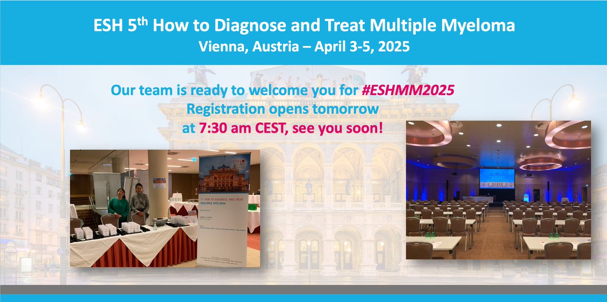 ESH (Haematology) (@eshaematology) on Twitter photo Our Team is ready to welcome you in Vienna for the 5th How to Diagnose and Treat Multiple Myeloma! Registration opens at 7:30 am CEST!
➡ bit.ly/3THZibM
Chairs: <a href="/H_Einsele/">Prof. Dr. Hermann Einsele</a>, Maria Krauth, <a href="/mvmateos/">marivi mateos</a>, <a href="/OmarNadeemMD/">Omar Nadeem</a>
#ESHCONFERENCES #MMsm #ESHMM2025
#HAEMATOLOGY #HEMATOLOGY Our Team is ready to welcome you in Vienna for the 5th How to Diagnose and Treat Multiple Myeloma! Registration opens at 7:30 am CEST!
➡ bit.ly/3THZibM
Chairs: <a href="/H_Einsele/">Prof. Dr. Hermann Einsele</a>, Maria Krauth, <a href="/mvmateos/">marivi mateos</a>, <a href="/OmarNadeemMD/">Omar Nadeem</a>
#ESHCONFERENCES #MMsm #ESHMM2025
#HAEMATOLOGY #HEMATOLOGY