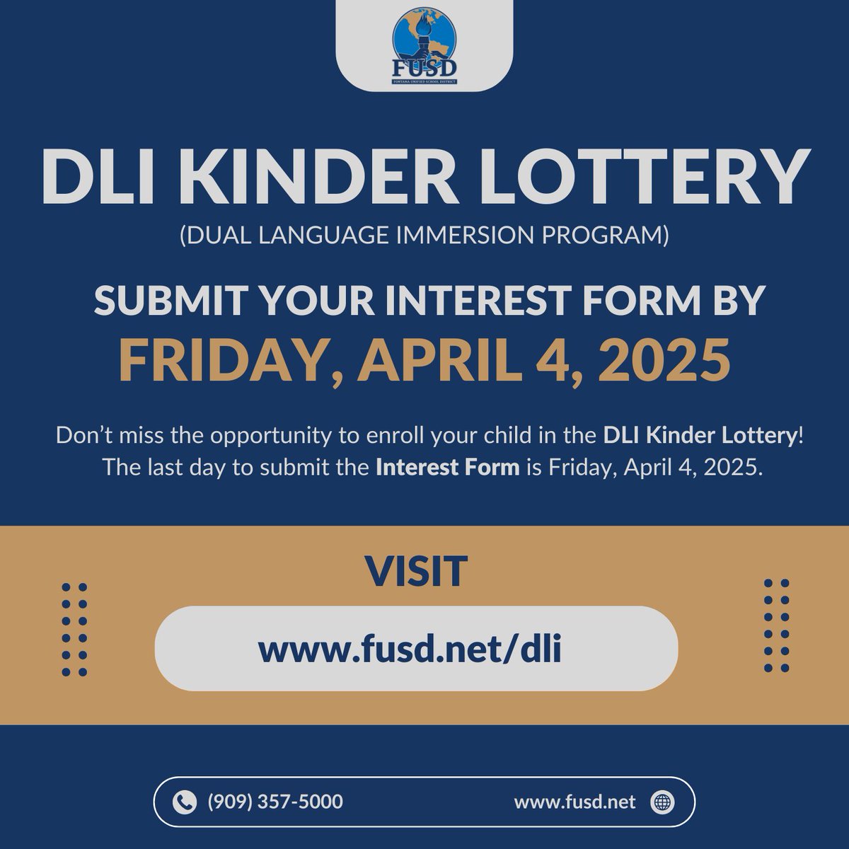 The deadline to submit the interest form for the Dolores Huerta and Redwood Dual Language Immersion (DLI) program lottery is Friday, April 4!

Don't miss this opportunity to give your child the gift of bilingualism!
To submit the interest form, visit: fusd.net/dli