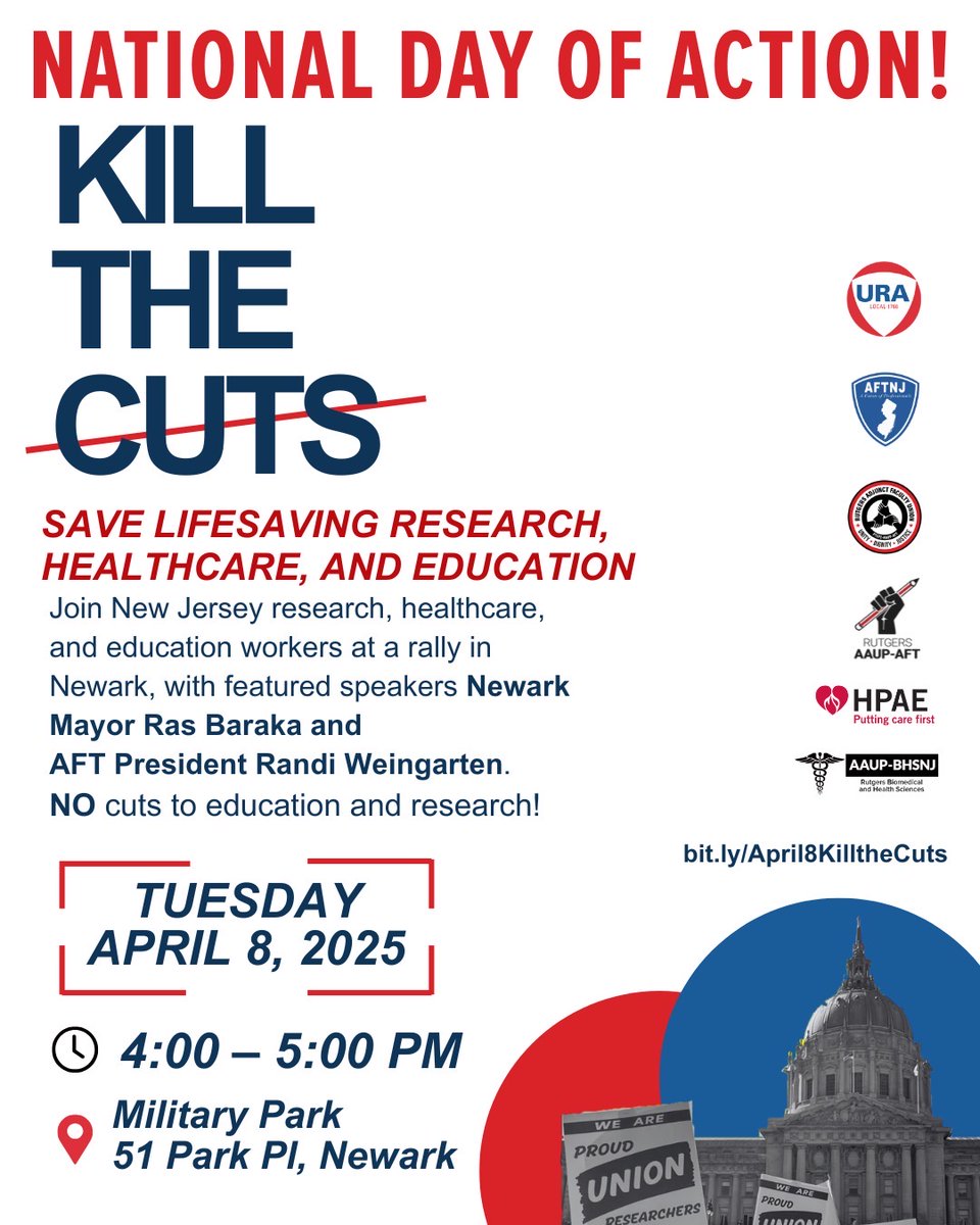 📢Save the date for a rally in Newark as part of #LaborForHigherEd's National Day of Action: Tuesday, April 8, 4 p.m., Newark, Military Park (51 Park Place). Let's stand together in with our community in defense of those most vulnerable to attack #KilltheCuts #FightBack