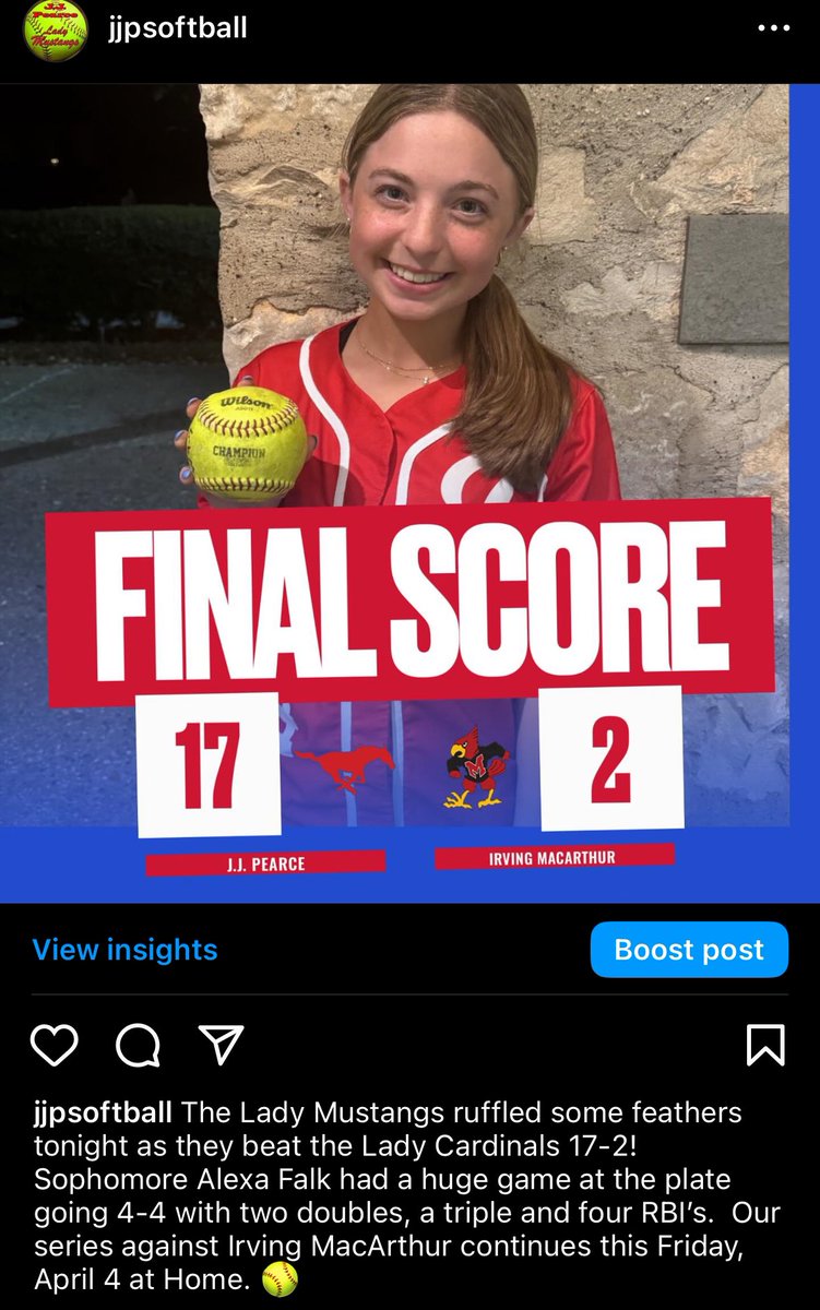 The Lady Mustangs ruffled some feathers tonight as they beat the Lady Cardinals 17-2! Sophomore Alexa Falk had a huge game at the plate going 4-4 with two doubles, a triple and four RBI’s. 

Our series against Irving MacArthur continues this Friday, April 4 at Home. 🥎