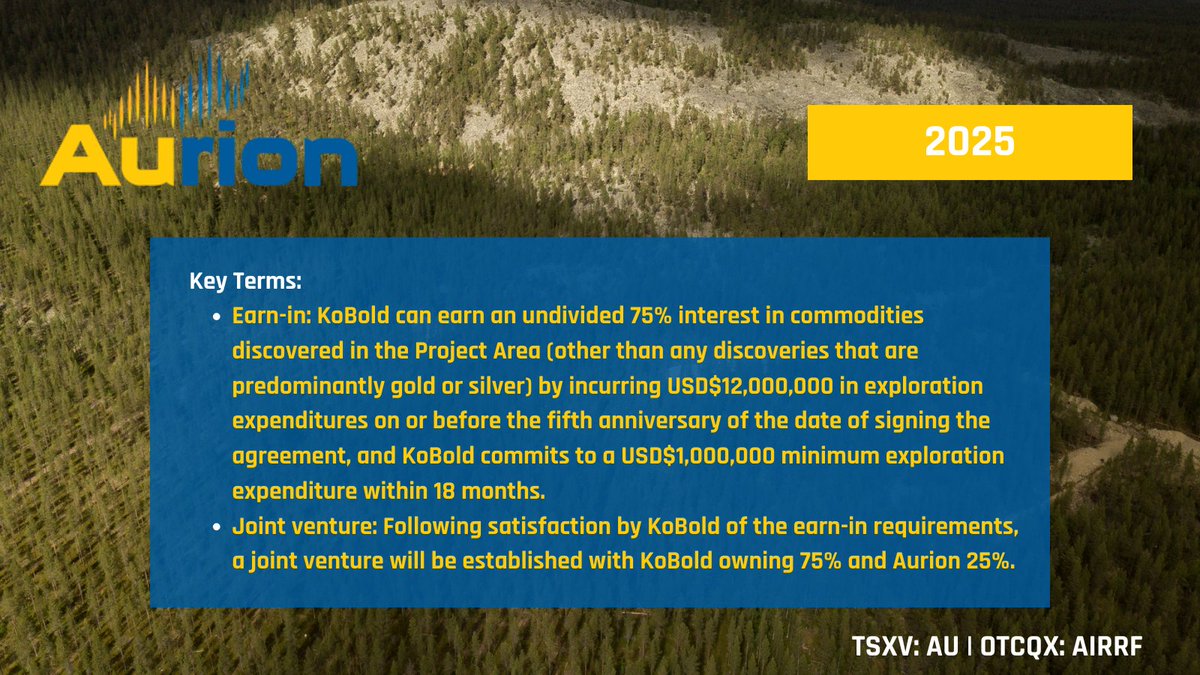 #ICYMI🚨: Aurion Resources signs a definitive agreement with KoBold Exploration Finland Oy, granting KoBold the right to earn a 75% interest in a 35 km² area of the 100%-owned Risti property. 

For more details, visit: bit.ly/3FFxl0P

$AU $AIRRF