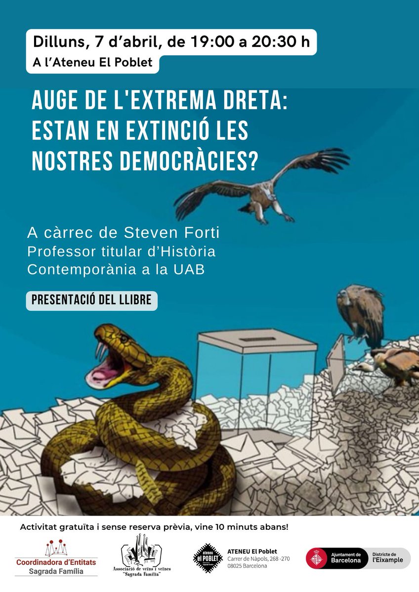⚫Dilluns, 7 d'abril de 19:00 a 20:30h, xerrada: AUGE DE L'EXTREMA DRETA: ESTAN EN EXTINCIÓ LES NOSTRES DEMOCRÀCIES?
El professor Steven Forti farà una xerrada tot explicant el perquè de l'auge de l'extrema dreta i perquè perillen les democràcies tal i com les entenem.