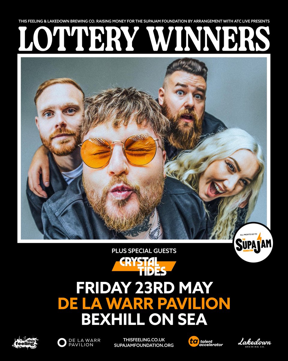 This Feeling (@this_feeling) on Twitter photo Just announced 🎸 <a href="/LotteryWinners/">Lottery Winners</a> + special guests <a href="/crystaltidesuk/">Crystal Tides</a> Bexhill On Sea on sale Friday 10am
All profits from this show will go to The Supajam Foundation!
The SupaJam Foundation empowers young people to overcome barriers & pursue careers in the music industry Just announced 🎸 <a href="/LotteryWinners/">Lottery Winners</a> + special guests <a href="/crystaltidesuk/">Crystal Tides</a> Bexhill On Sea on sale Friday 10am
All profits from this show will go to The Supajam Foundation!
The SupaJam Foundation empowers young people to overcome barriers & pursue careers in the music industry
