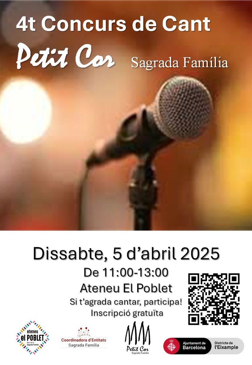 ⚫Dissabte, 5 d'abril de 11:00-13:00, Final IV Concurs de Cant. Petit Cor Sagrada Família 
⚫Com ja s'ha convertit en una tradició, arriba el IV Concurs de Cant "Petit Cor" a la Festa Major.