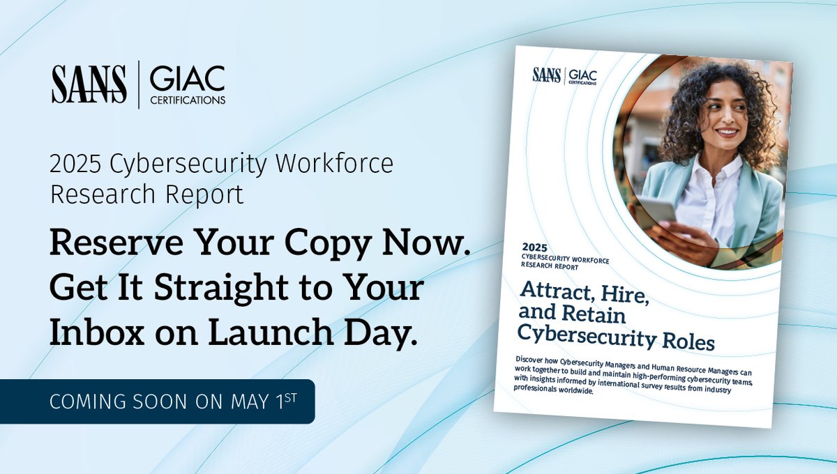 CertifyGIAC's tweet image. Heads up, cyber leaders! The launch of the 2025 Cybersecurity Workforce Research Report is May 1.

Want exclusive insights into hiring, training, and keeping your best talent?

👀 Reserve your copy now and be ready on launch day: giac.org/u/1AMm

#CybersecurityManager #HR