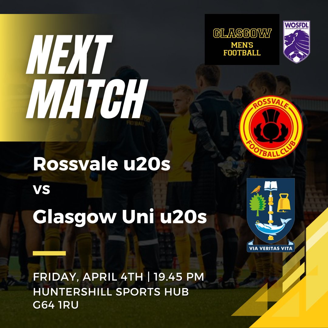 🟡⚫️ Final Showdown! 

We’re travelling to <a href="/Rossvale_FC/">Rossvale Football Club WOSFL</a> U20s for the last game of the season 🥺 Team is looking to finish the season with a BIG performance!  

📅 Fri, 4 Apr  
🏟️ Huntershill Sports Hub  
📍 G64 1RU  
⏲️ Kickoff 19:45  

📣 Come and support the team!
<a href="/GlasgowUniFC/">GUFC</a>