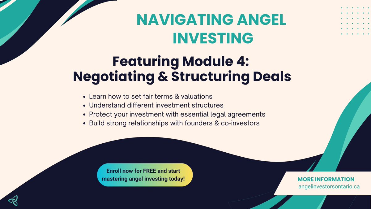 Want to master angel investing? Module 4 of our course Navigating angel investing, dives into negotiating &amp; structuring deals! Learn how to set terms, understand investment structures, and protect your capital. 🔐👨‍🏫

👉 Learn more: [angelinvestorsontario.ca/courses/naviga…]

#FreeCourse