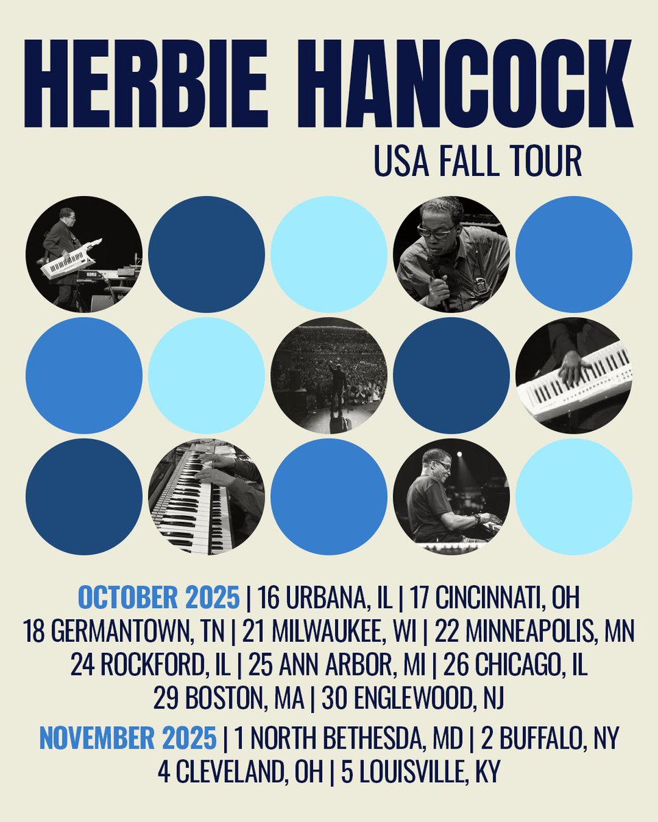 herbiehancock's tweet image. Herbie is bringing the band back to the midwest and east coast for a Fall Tour not to be missed. Local Pre-sales begin tomorrow, April 3 at 10am (local) with public on sales on Friday, April 4 at 10am (local).
Dates and additional info can be found at herbiehancock.com