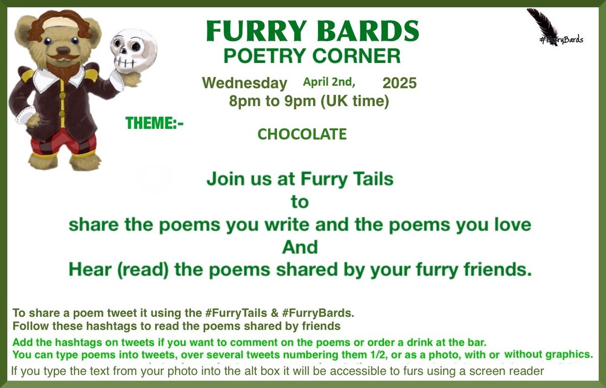 #FurryTails hosts #FurryBards Poetry Corner tonight 
All pals welcome