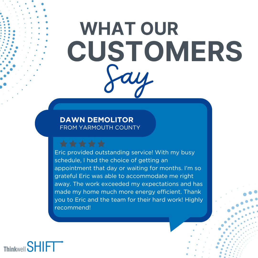 ThinkwellShift's tweet image. Customer feedback from Yarmouth County on our Energy Efficient Installations! 💡 Interested? Call 1-844-897-4438 or email bookings@thinkwellshift.ca. #EnergyEfficiency #YarmouthCounty