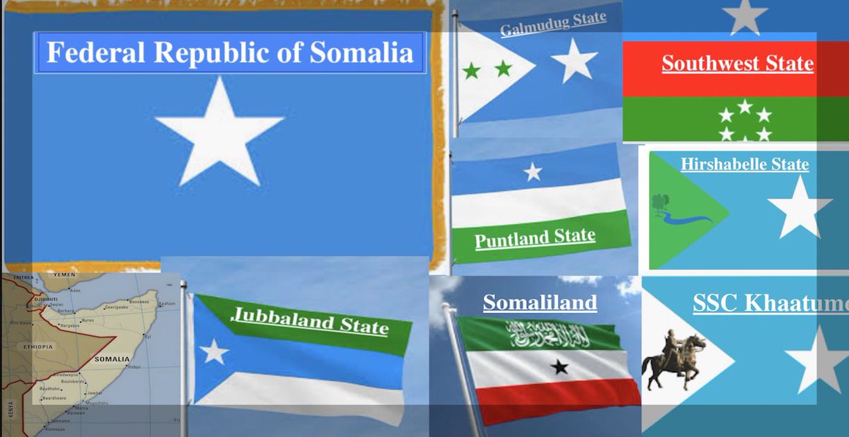 Abdisalamguled's tweet photo. There is only one Somalia, which is called the Federal Republic of Somalia and its federal member states. Somaliland, Puntland, Jubbaland, Galmudug, Southwest, Hirshabelle, and SSC is under consideration to be fully recognised as a viable federal member state, though I'm not a big fan of federalism.

One day all these patterns of colours will disappear and only one flag remains. Isha Allah