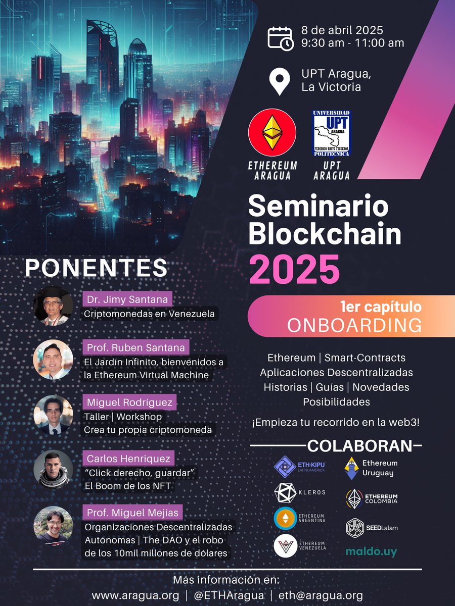 1/4
Hola comunidad!  Desde Ethereum Aragua los invitamos a una serie de seminarios sobre web3 🏛️

Este martes 8 de abril podrás disfrutar del primer capítulo "Onboarding" en la Biblioteca de la <a href="/UPTAragua/">UPT Aragua</a>

¡También habrá una FERIA TECNOLÓGICA con stands de proyectos informáticos!