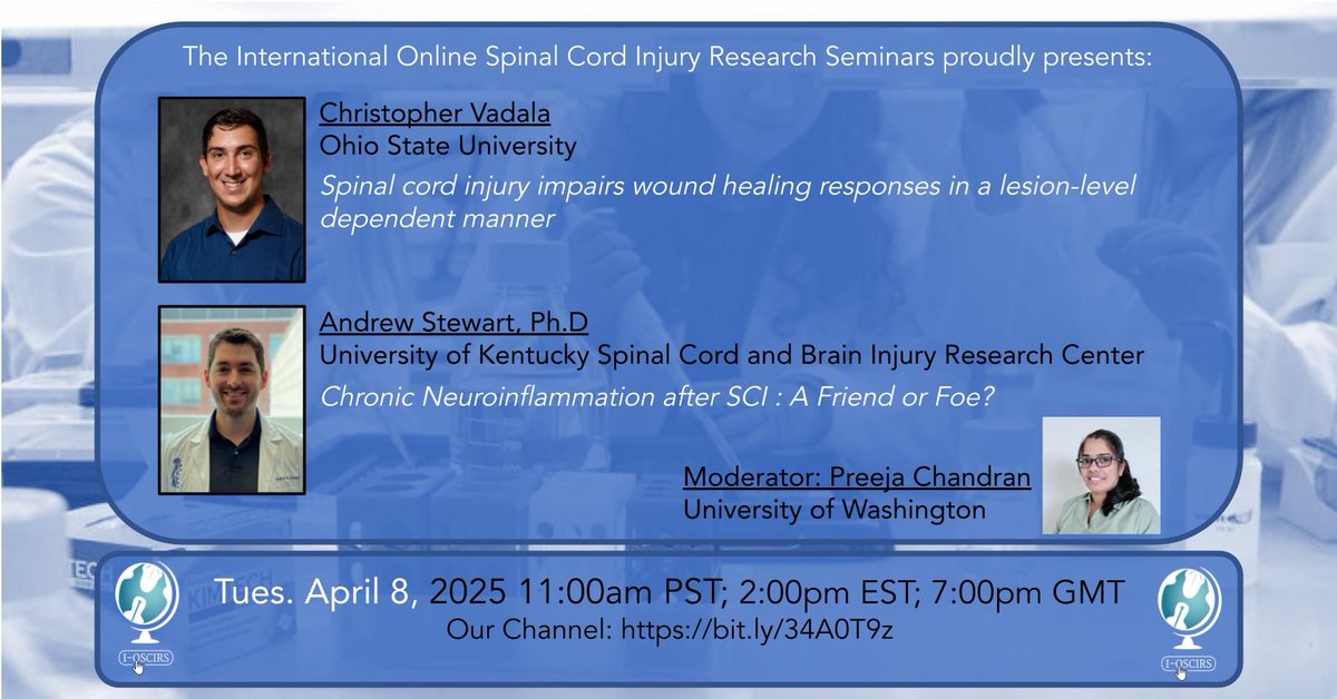 Next Tuesday, April 8th, at 2 pm EST, IOSCIRS is excited to present Christopher Vadala (<a href="/vadala_neuro/">Christopher Vadala</a>) and Dr. Andrew Stewart (<a href="/SCoBIRC/">SCoBIRC</a>). 

Watch the seminar live on our YouTube channel (bit.ly/34A0T9z)