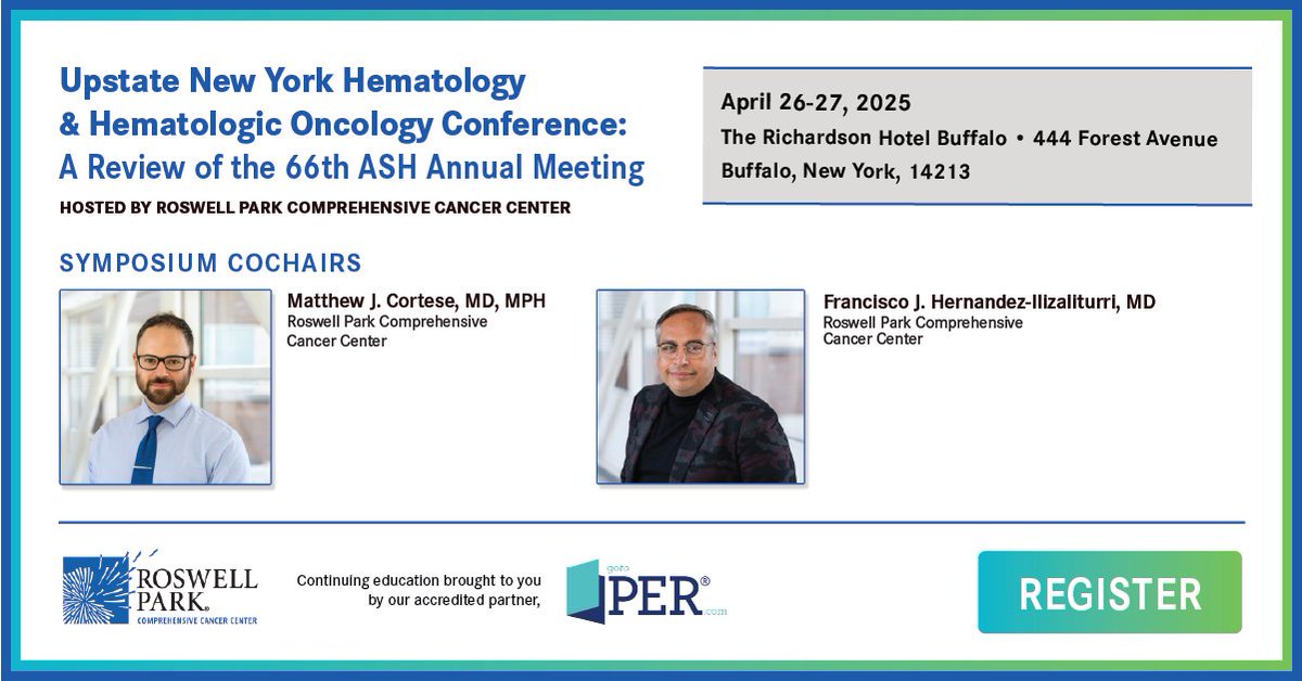 OncLive.com (@onclive) on Twitter photo Not just malignant hematology! This conference also covers benign hematology and supportive care of cancer patients. Join us in Buffalo NY April 26-27, 2025. #ASH23 #hematology <a href="/RoswellPark/">Roswell Park</a> <a href="/Matt_Cortese/">Matthew Cortese, MD, MPH</a>
Register: hubs.li/Q03fBdQD0 Not just malignant hematology! This conference also covers benign hematology and supportive care of cancer patients. Join us in Buffalo NY April 26-27, 2025. #ASH23 #hematology <a href="/RoswellPark/">Roswell Park</a> <a href="/Matt_Cortese/">Matthew Cortese, MD, MPH</a>
Register: hubs.li/Q03fBdQD0