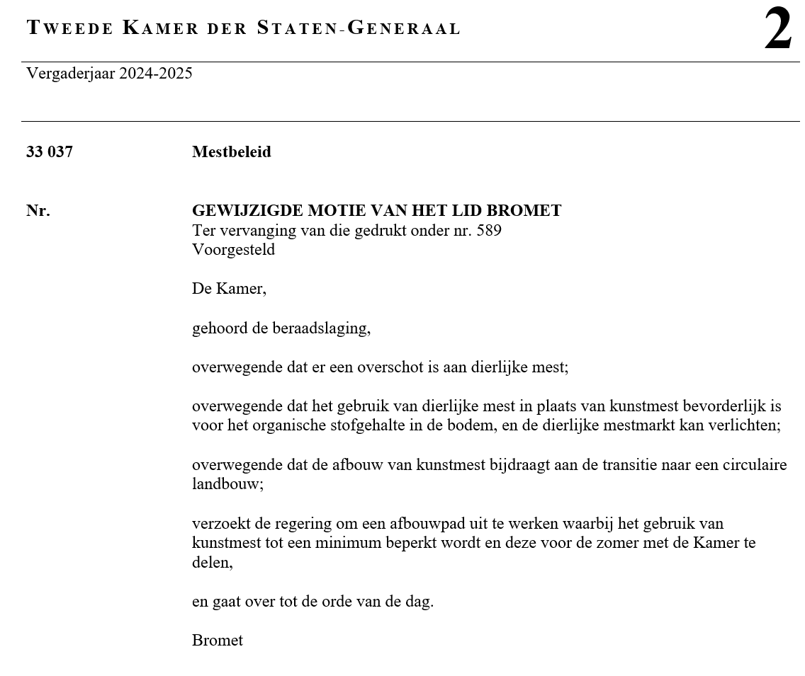 BLHBnl's tweet image. De Tweede Kamer wil  het kabinet voor de zomer komt met een afbouwpad  voor het gebruik van kunstmest. Een meerderheid van SP, GroenLinks-PvdA,  PvdD, DENK, Volt, D66, NSC en PVV stemden voor een motie van  GroenLinks-PvdA Kamerlid Laura Bromet.
boerderij.nl/kamer-wil-plan…