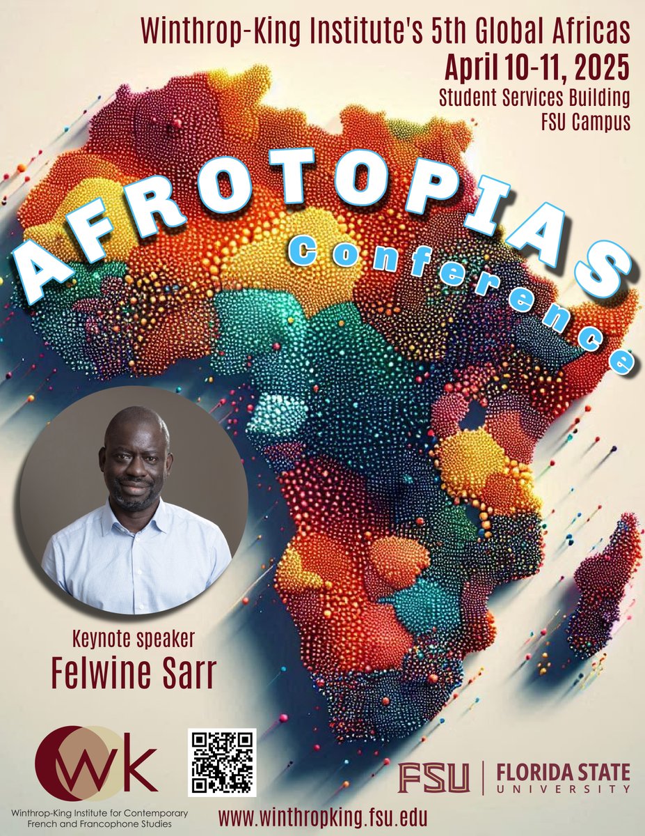 FSUWinthropKing's tweet photo. Mark your calendars to join us for our Global Africas conference, "Afrotopias," on April 10-11! Renowned Senegalese scholar Felwine Sarr will deliver the keynote.
Find the full event program here: https://t.co/Ad0nmxT16J
#GlobalAfricas #AfricanUtopia #FelwineSarr #FSUGlobal https://t.co/60gySTCL4a
