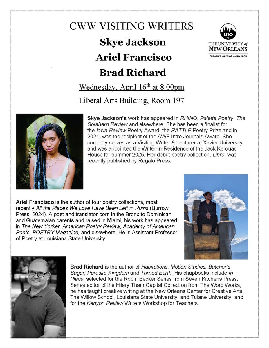 Carolyn Hembree (she/her) (@carolynhembree) on Twitter photo <a href="/CWWMFA/">The CWW At UNO</a> Poetry Month event featuring Skye Jackson, Ariel Francisco, and <a href="/BradRichard4/">Brad Richard @bradrichard.bsky.social</a>! W, 4/16, 8pm, Liberal Arts 197. <a href="/CWWMFA/">The CWW At UNO</a> Poetry Month event featuring Skye Jackson, Ariel Francisco, and <a href="/BradRichard4/">Brad Richard @bradrichard.bsky.social</a>! W, 4/16, 8pm, Liberal Arts 197.